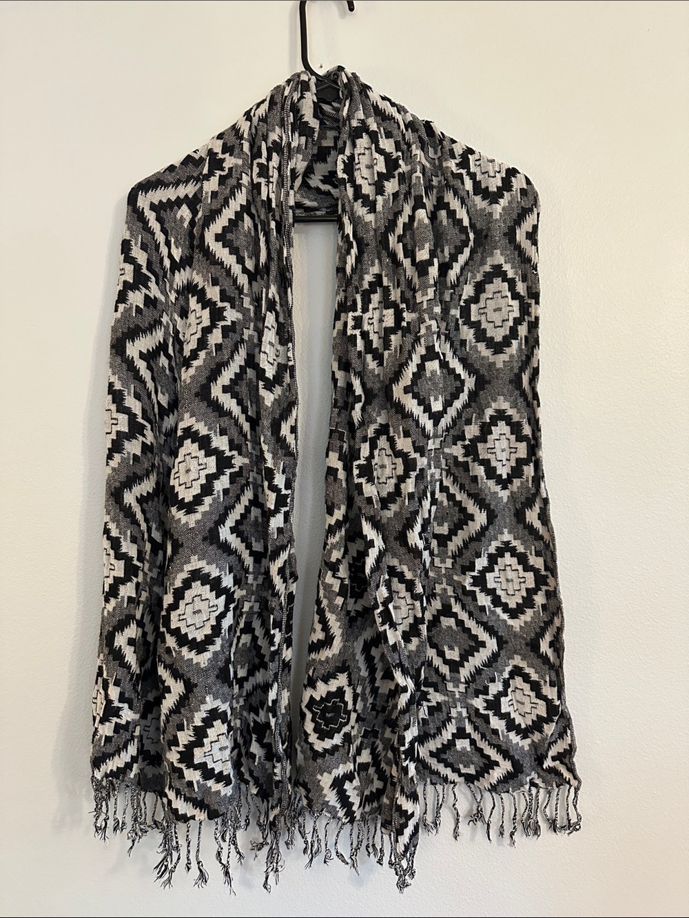Black & White Aztec Pattern Fringe Scarf or Shawl